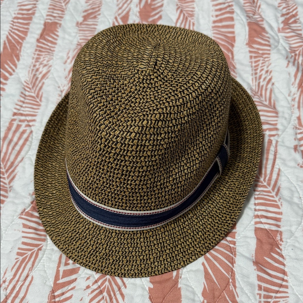 Stylish Brown Fedora Hat with Navy Blue Band